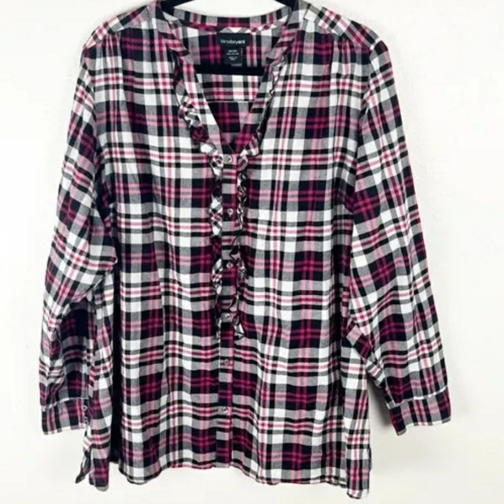 Lane Bryant Plaid Long Sleeve Ruffle Accent Button Top